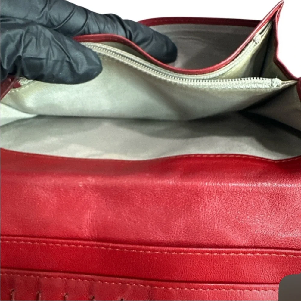 CHANEL Red Quilted Patent Leather Wallet with Silver CC Logo
